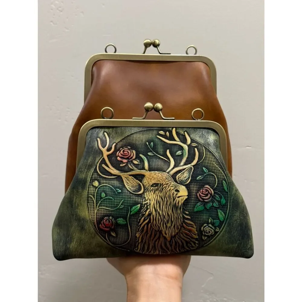 Unique Crazy Horse Cowhide Kisslock Double Frame Bag & Hand-Tooled Textured Deer